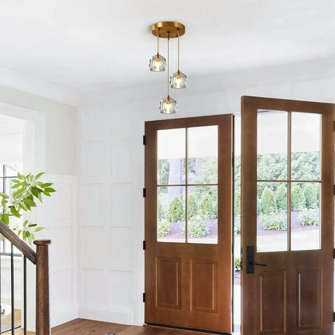 Three Light Crystal Cluster Pendant Chandelier In Gold Finish, Mid Century Modern Hanging Light Fixture for classic entryway.