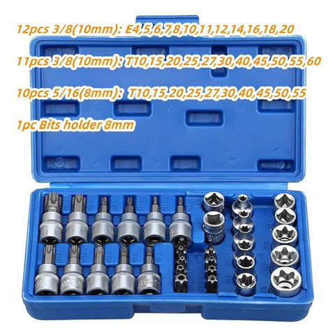 34 Pc Pro Torx Star Socket And Bit Set With Male And Female Security Bits Drive Hand Tool Kit For Heavy Duty Auto Repair And Tough Bolt Loosening Tasks in blue case