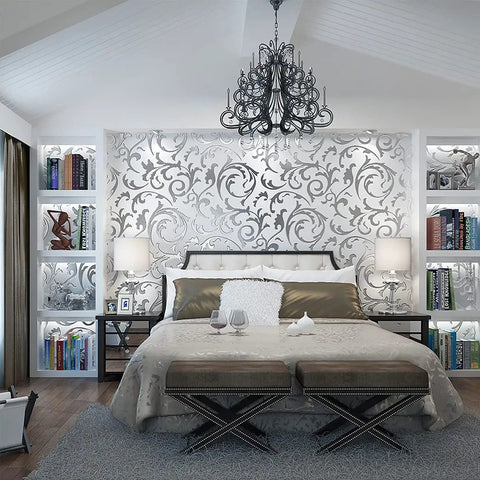 Silver Gray Peel And Stick Wallpaper 20.8 By 393 Inches Nonwoven 3D Floral Print Modern Wall Decor Removable And Renters Friendly Easy Install Durable Wrinkle Resistant For Quick Home Makeover on bedroom wall