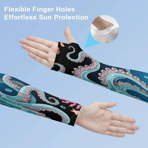 Premium Ice Silk Arm Sleeves Deliver Ultra Fly Compression Fit To Block Harsh Sunlight And Keep Your Forearms Cool And Sweat Free On Daily Chores With Upf50 Protection, with flexible finger holes and octopus design.