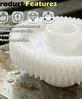 Close-up of white plastic gear from Replacement Gear Set For A Series Upright Glass Washer 6 Pack on metal surface