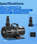 Heavy Duty 120W Submersible Water Pump specifications with 2700 GPH flow, 15 ft lift height, shown with adapters and dimensions.