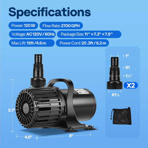 Heavy Duty 120W Submersible Water Pump specifications with 2700 GPH flow, 15 ft lift height, shown with adapters and dimensions.