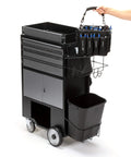 Heavy Duty Four Drawer Rolling Utility Cart For Workshop Garage And Warehouse With Slick Storage Layout And Included Tool Bag, black steel with tool bag
