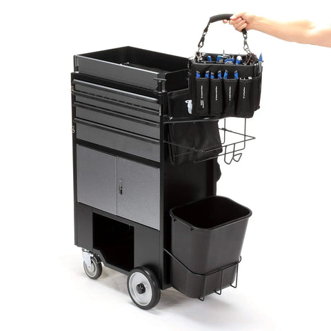 Heavy Duty Four Drawer Rolling Utility Cart For Workshop Garage And Warehouse With Slick Storage Layout And Included Tool Bag, black steel with tool bag