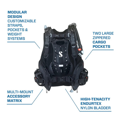 Hydros X Front-Adjustable Men's Scuba BCD with Balanced Power Inflator showing pockets and EndurTex 420D nylon bladder