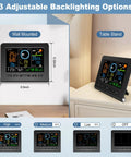 WiFi Weather Station With Rain Gauge And Moon Phase Indoor Outdoor Thermometer And Humidity Wind Speed And Direction Barometric Pressure Alarm Clock Real Time Home Weather Monitoring with adjustable backlighting options, wall-mounted and table stand view.