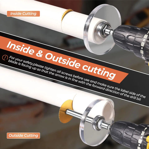 Quarter Inch Hex Shank Inside PVC Pipe Cutter With Adjustable Depth Gauge And Four Titanium Coated Blades in use with drill