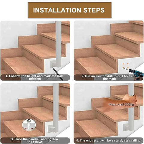 Installation steps for Heavy-Duty U-Shaped Stair Handrail For Indoor Steps featuring sturdy grip and robust design.