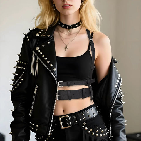 Premium Punk Leather Harness Belt For Women Adjustable Corset Waist Strap worn with a spiked leather jacket and black top.
