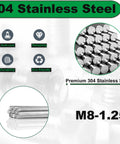 Beefy 304 Stainless M8 x 250mm Fully Threaded Rod, 10 Inch Length, M8-1.25 Pitch, Right Hand Threads, 2 Pack shown in packaging.