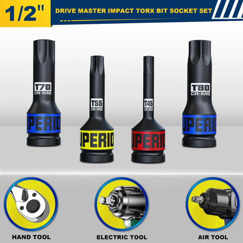 Half Inch Drive Impact Torx Socket Set T25 To T80 In CRMO Steel, Heavy Duty Beasts For Auto Work, shown with various tool icons