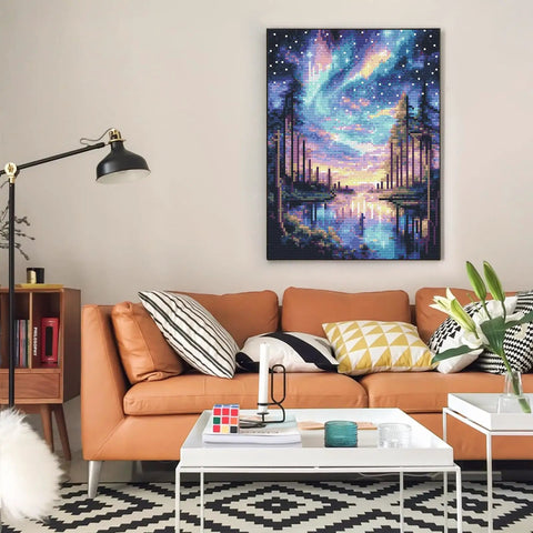 Living room with Starry Sky 5D Diamond Art Kit For Adults, Dope Aurora Lake Diamond Painting Set For Beginners, Full Drill Gem Art