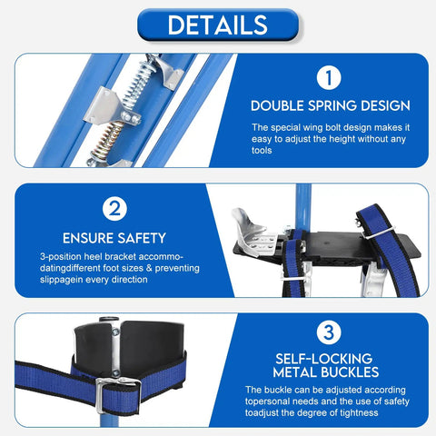 Image showing details of Adjustable Drywall Stilts 24 To 40 Inch Professional Grade Aluminum Painter Stilt for safety and adjustment features.