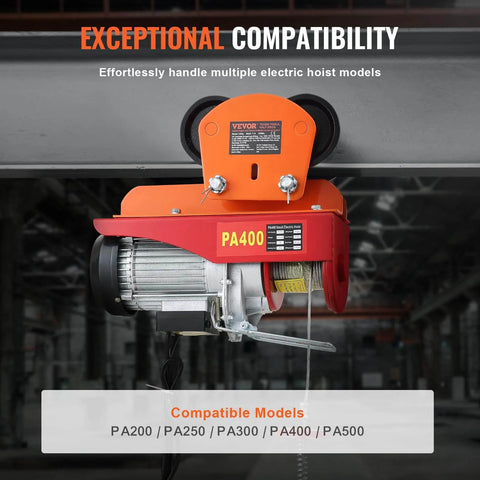Electric hoist attached to a 1 Ton Push Beam Trolley for Electric Hoist Dual Wheels Adjustable Beam Width 2.68 To 4.33 In for I and H Beams