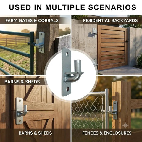 Two Piece Wall Mount Gate Hinges Heavy Duty For Chain Link Fences With Five Eighth Inch Pin Built Tough To Stop Gate Sag And Keep Outdoor Entrances Aligned And Ready For All Weather Use., wall-mount hinge shown on farm gate, backyard, barn, and chain link fence