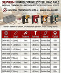 Dewbin 18 Gauge Stainless Steel Brad Nails chart for 1-2 inch sizes, specs and compatibility for nail guns.
