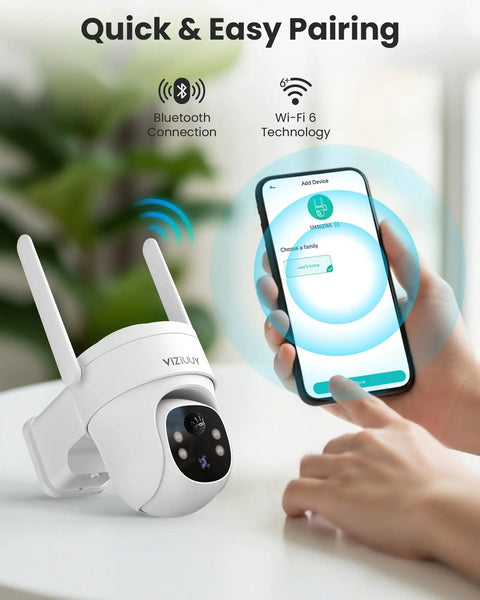 Solar Powered Wireless Outdoor Security Cameras Two Pack No Wires 3MP Resolution Pan Tilt 360 Degree shown with smartphone pairing