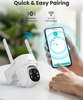 Solar Powered Outdoor Security Camera, Wireless, 3MP Pan Tilt 360 Degree WiFi Cam With Color Night Vision next to smartphone pairing