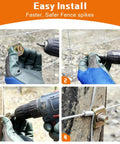 Heavy Duty Galvanized Fence Staples 200 Pack Rut Resistant Wire Nails For Mesh And Barbed Fencing Quick Setup With Electric Drill shown in installation steps.