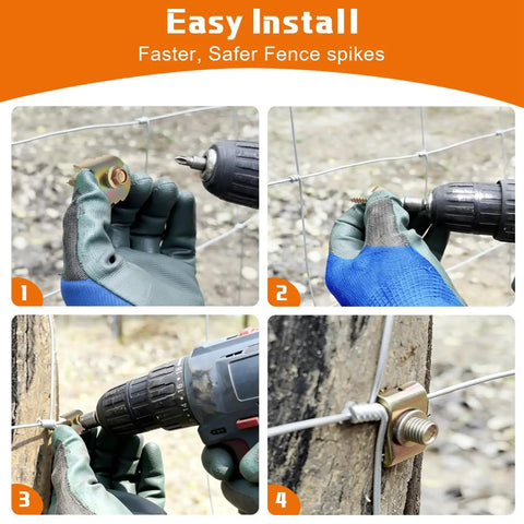 Heavy Duty Galvanized Fence Staples 200 Pack Rut Resistant Wire Nails For Mesh And Barbed Fencing Quick Setup With Electric Drill shown in installation steps.