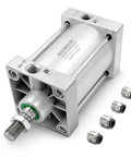 Pneumatic Air Cylinder With 3.94 Inch Bore And 3.94 Inch Stroke, SC 100x100, showcasing heavy duty aluminum body and push-in fittings.