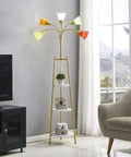 LED Floor Lamp With Dope Medusa Multi Head Design, Modern Standing Lamp With Shelves, shown in a living room setup