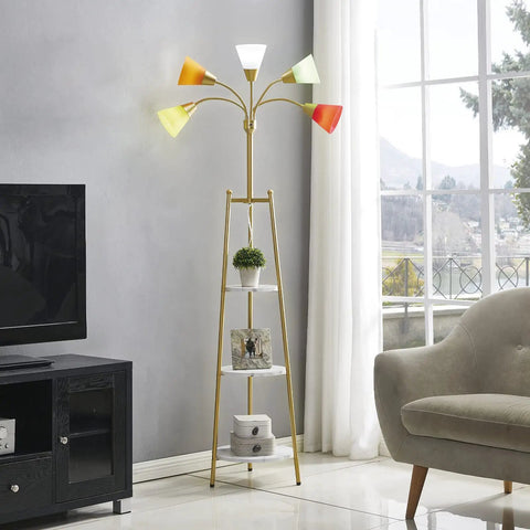 LED Floor Lamp With Dope Medusa Multi Head Design, Modern Standing Lamp With Shelves, shown in a living room setup