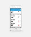 Smartphone displaying Geo BL WiFi Thermostat app with Alexa compatibility for home comfort control, white background