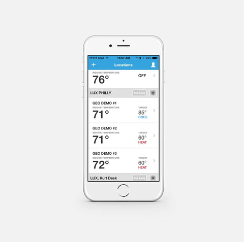 Smartphone displaying Geo BL WiFi Thermostat app with Alexa compatibility for home comfort control, white background