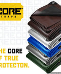 Stack of Core Tarps showcasing different colors for varying uses and weather protection.