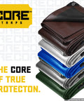 Stack of folded tarps in various colors with text promoting durability and protection features.
