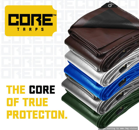 Stack of multiple folded colored tarps showcasing brand logo; Beefed Up Extreme Heavy Duty 20 Mil Poly Tarpaulin Tarp Cover visible.