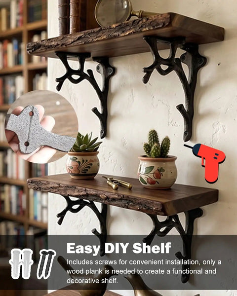 Branch Style Wall Mount L Brackets Vintage Rustic Decorative Support For Kitchen Home Office Thick Wood Shelves installed with plants.