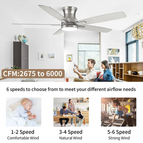 52 Inch Flush Mount Brushed Nickel Ceiling Fan With Light And Remote, Ultra Quiet DC Motor, Dimmable LED Light, modern living room