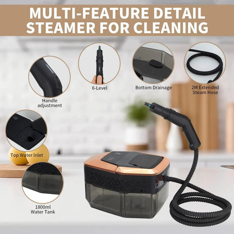 Kickstart Your Deep Clean Routine With This Heavy Duty Handheld Steam Cleaner That Blasts Through Grease And Grime In Seconds. Compact detail steamer with 1800ml tank and 2m hose.