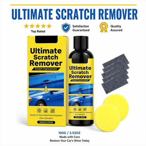 Hassle Free Auto Scratch Remover And Polish Kit with 100g bottle, applicators, and polishing cloths for car paint restoration.