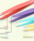 Pro Grade Eyebrow Tweezer Set Four Piece Slant And Pointed Tips Stainless Steel for precision shaping, multi-color shown.