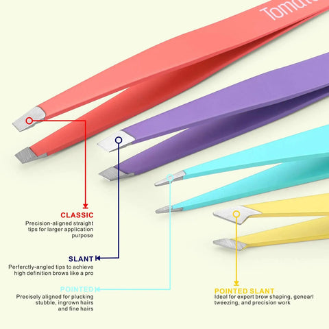 Pro Grade Eyebrow Tweezer Set Four Piece Slant And Pointed Tips Stainless Steel for precision shaping, multi-color shown.