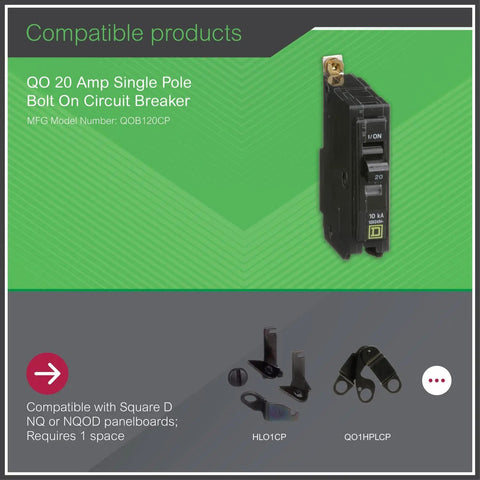 QOB120CP Circuit Breaker Black Bolt On VisiTrip Indicator for NQ and NQOD panels, 20 Amp, single pole, shown on green background