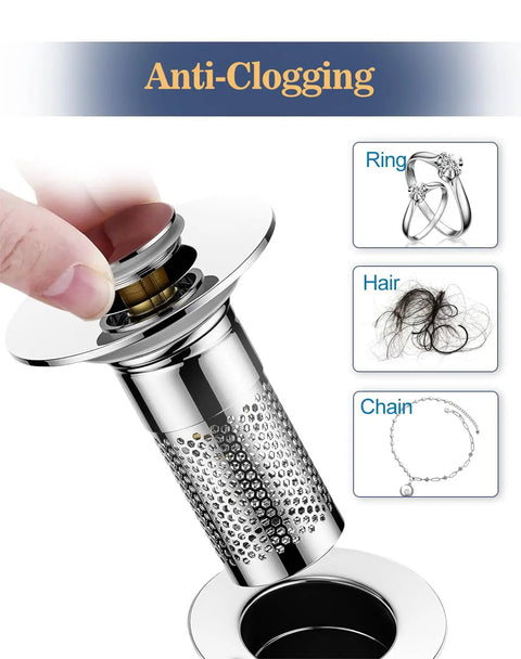 Universal Bathroom Sink Drain Strainer And Pop Up Stopper Featuring A Removable Hair Catcher Plus Stainless Steel Filter Basket To Cut Down The Clog Headache And Keep Drains Running Slick On Most Standard Us Fixtures Smoothly