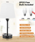 Set Of 2 Cozy Bedside Lamps For Bedrooms With 3 Color Temperatures From 2700K To 5000K USB C And USB A Charging Port And AC Outlet