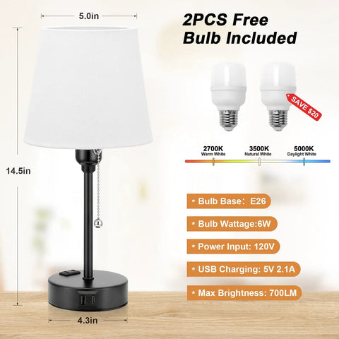 Set Of 2 Cozy Bedside Lamps For Bedrooms With 3 Color Temperatures From 2700K To 5000K USB C And USB A Charging Port And AC Outlet
