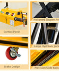 Control panel and hydraulic jack details of Heavy Duty Electric Scissor Lift Table Cart 47 Inch Height With 660 Lbs Capacity.