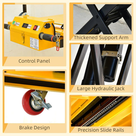 Control panel and hydraulic jack details of Heavy Duty Electric Scissor Lift Table Cart 47 Inch Height With 660 Lbs Capacity.