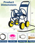 Must Have Heavy Duty Garden Hose Reel Cart With Four Solid Wheels Mobile Water Hose Cart That Holds Up To 330 Ft Of 5/8 Inch Hoses Durable Metal Frame Easy Maneuver For Lawn And Backyard Navy Blue in promotional image showing dimensions and features