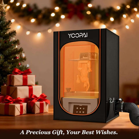 Resin 3D Printer Enclosure With Built In Ventilation Filter Odor Control Carbon Filter next to holiday gifts in festive setting.