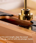 Close-up of mortise and tenon jig with drill template set and hollow chisel bit attachment for precise woodworking