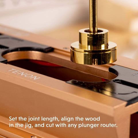 Close-up of mortise and tenon jig with drill template set and hollow chisel bit attachment for precise woodworking