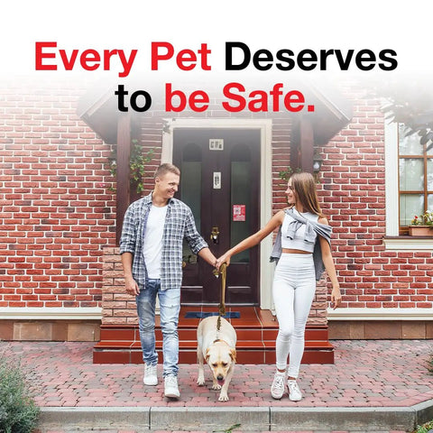 Couple and dog outside home with Pet Rescue Inside Sticker For Home Safety, Fire Emergency Alert Decal For Doors And Windows